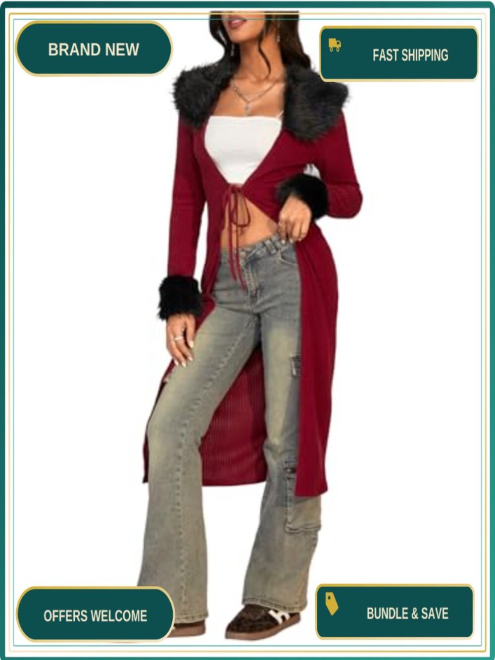 Y2K Long Cardigan with Faux Fur Trim Fuzzy Open Front Knit Sweater
